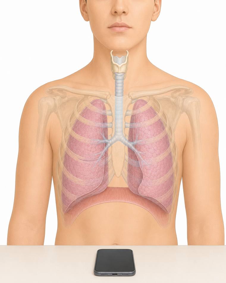Phone face-up on the table. Patient sits quietly — no need to cough on purpose.