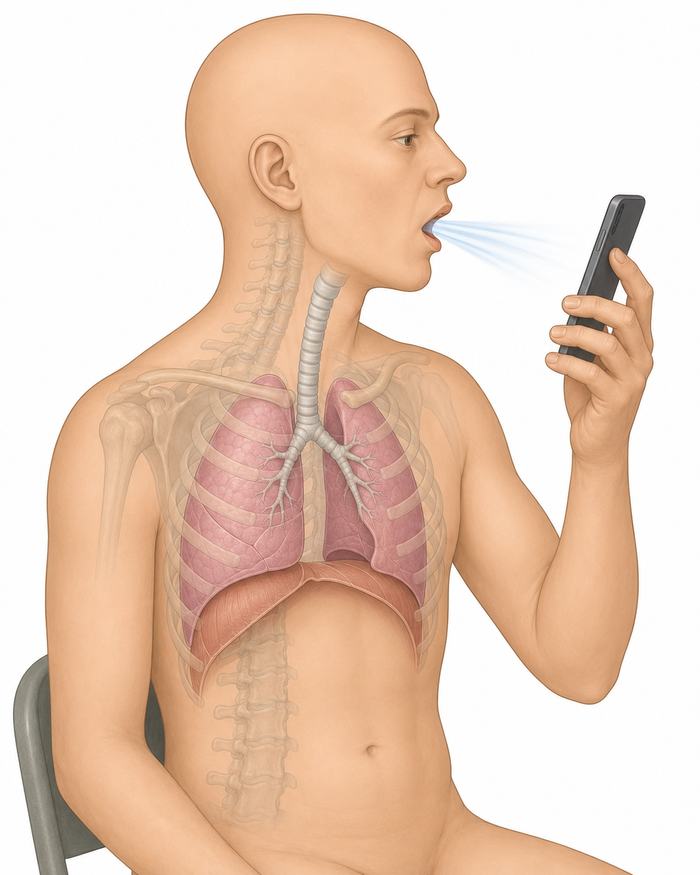 Deep breath in, then blow out hard and fast towards the phone.