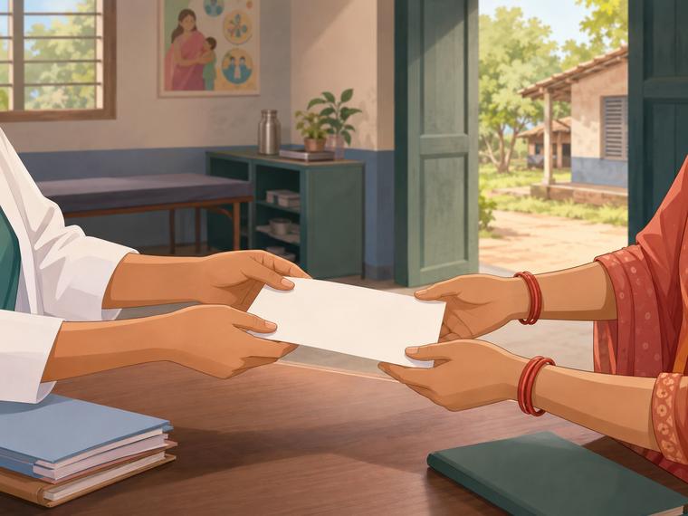 Hand the printed slip to the patient and record the referral.