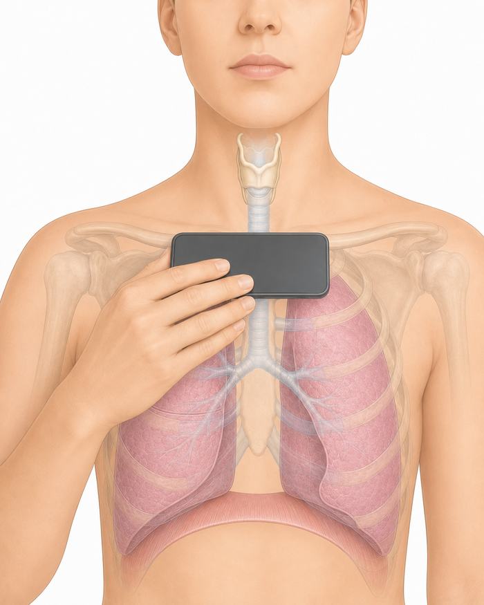 Phone flat on the upper chest. Patient breathes quietly, mouth closed.